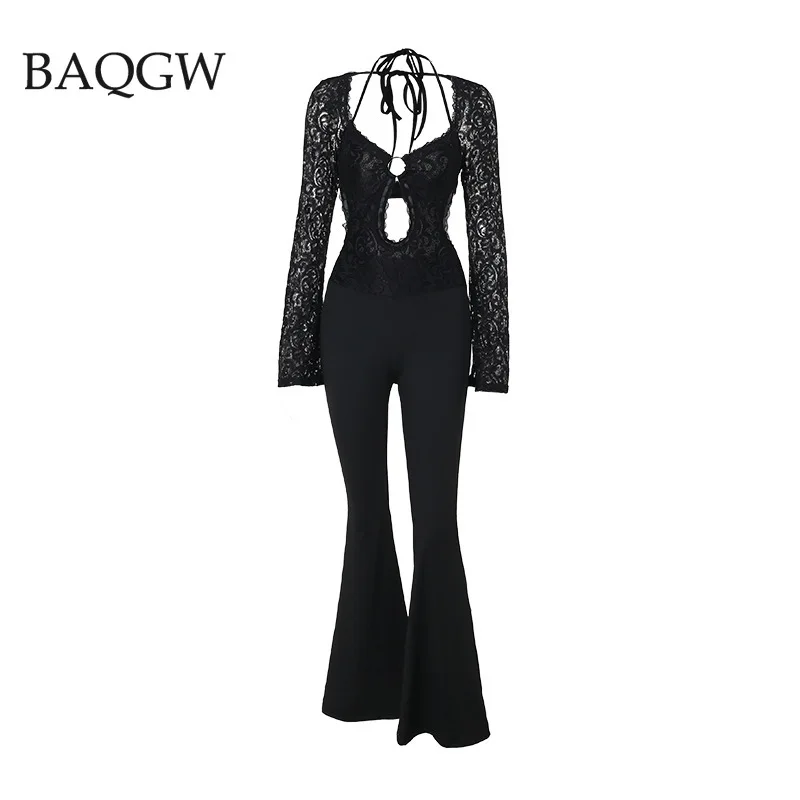 

Halter Jumpsuits for Women Sexy Club Long Sleeves O-Neck Hollow Out Lace Patchwork See Through Romper Female Streetwear Slim Fit