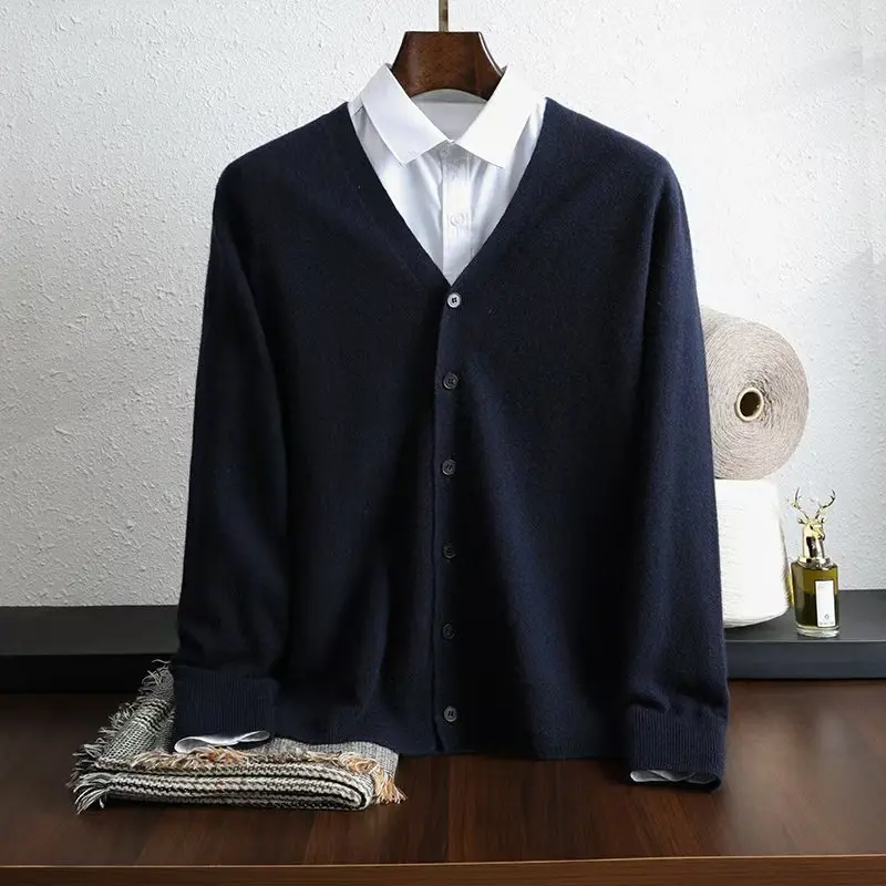 Soft and skin friendly~100% cashmere cardigan men\'s V-neck business casual fashionable loose sweater knitted sweater jacket