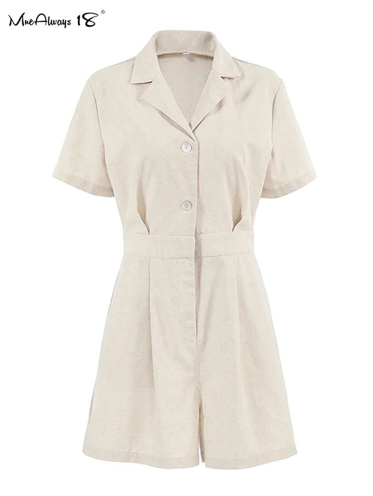 Mnealways18 Khaki Elegant Linen Cotton Rompers For Womens Short Sleeves Ruched Jumpsuit Summer 2024 Office Ladies Button Slim