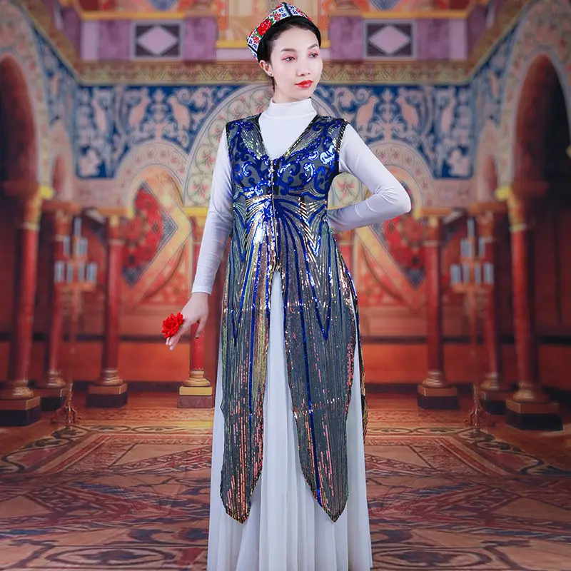 Roupa de dança uigur feminina, colete longo de lantejoulas, estilo étnico, performance xinjiang, novo verão