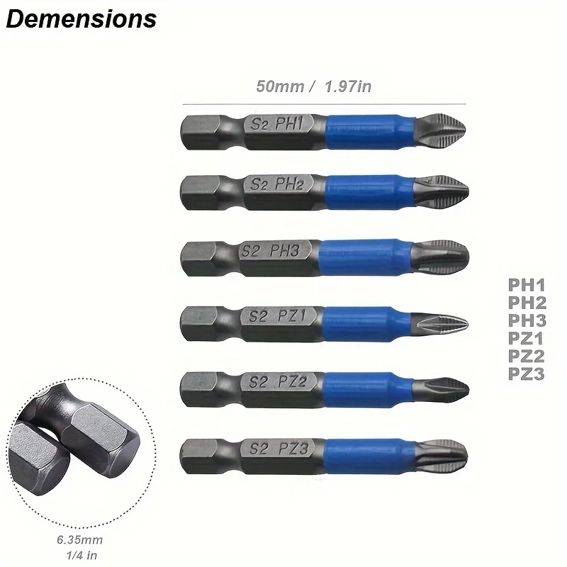 6pcs Magnetic Phillips Screwdriver Bit Set, Non-Slip Cross Head, 1/4" Hex Shank, S2 Steel - PH1 PH2 PH3 PZ1 PZ2 PZ3