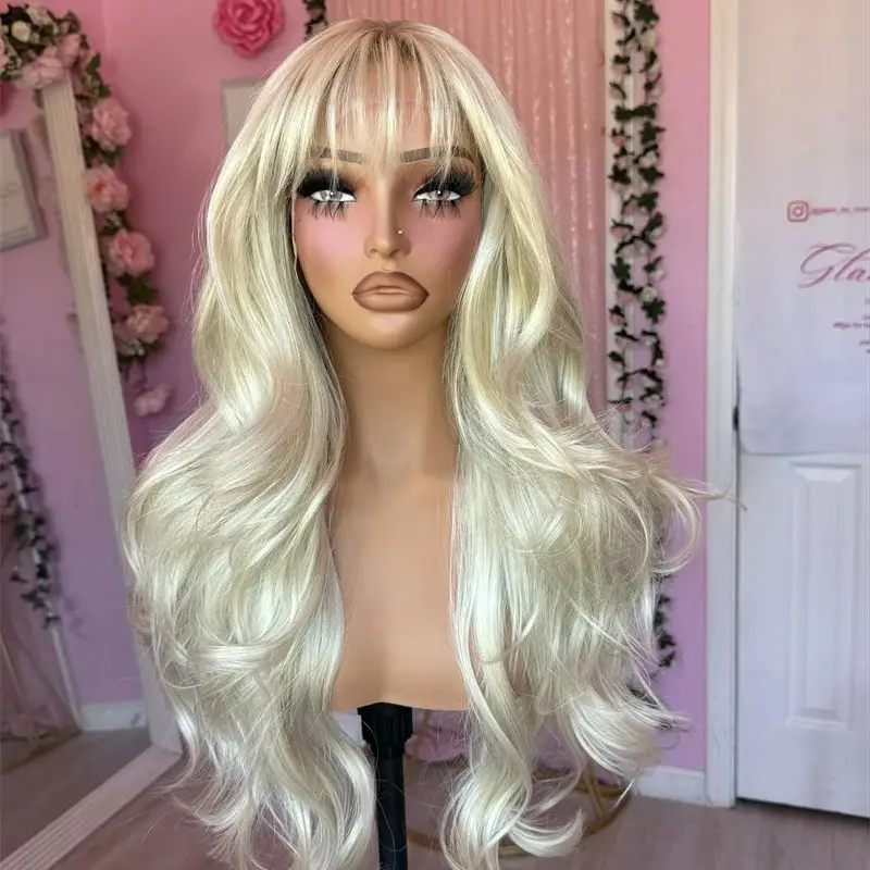 

13x4 Swiss Lace White Platinum Blonde Synthetic HD Lace Front Wig Loose Wave Hair with Curtain Bangs Heat Resistant Cosplay 28''
