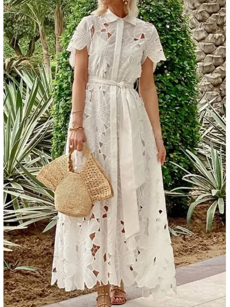 

Elegant White Lace Dress Women Fashion Hollow Out Short Sleeve Turn-down Collar High Waist Lace-up Dresses Lady Holiday Clothes