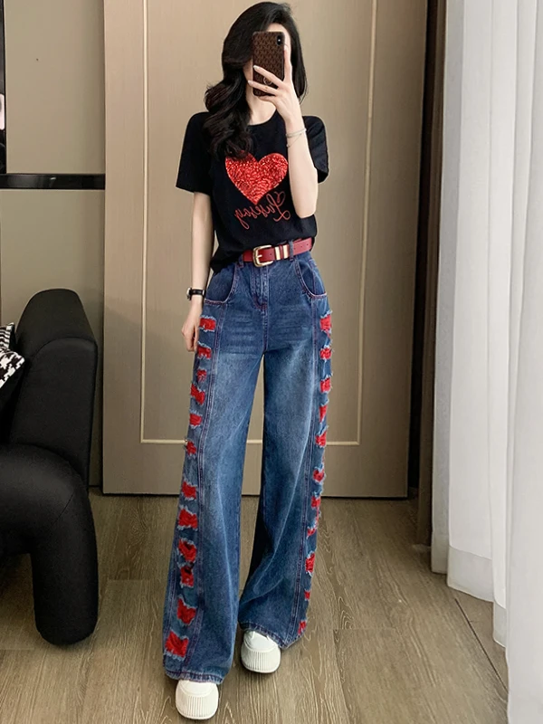 Fashionable Hong Kong Style Women's Slimming Black Short Sleeve T-Shirt Wide Leg Jeans Two-Piece Set Comfortable Cotton Summe... view 2