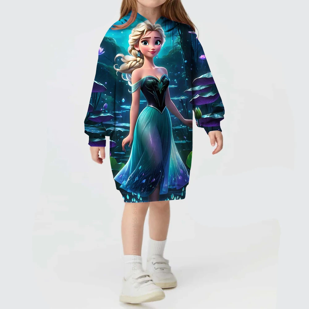 Disney Autumn and Winter Frozen Princess Elsa Hoodie Printed Dress Casual Sweater Girl Princess Birthday Party Fashion Hoodie