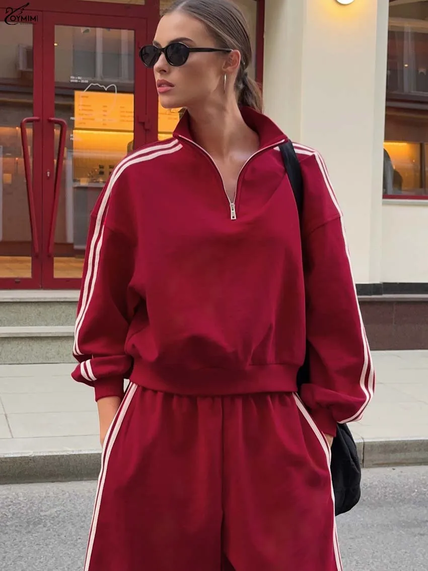 

Oymimi Elegant Red Patchwork 2 Piece Sets Woman Outfit Fashion Three Quarter Sleeve Zipper Tops + High Waist Pockets Shorts Sets