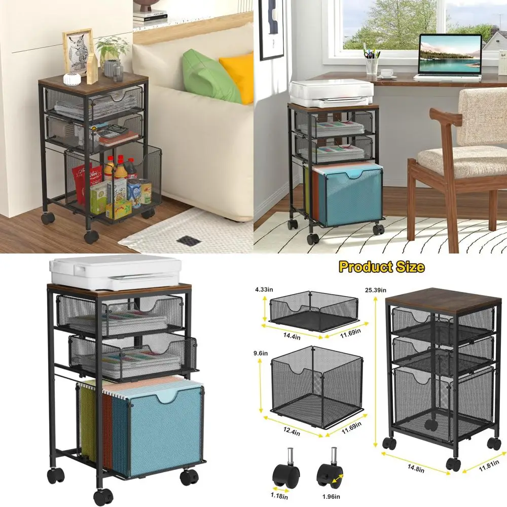 

3-Drawer Rolling File Cart, Wood & Mesh Organizer, Home Office File Cabinet, 11.8 D x 14.8 W x 25.4 H, Black