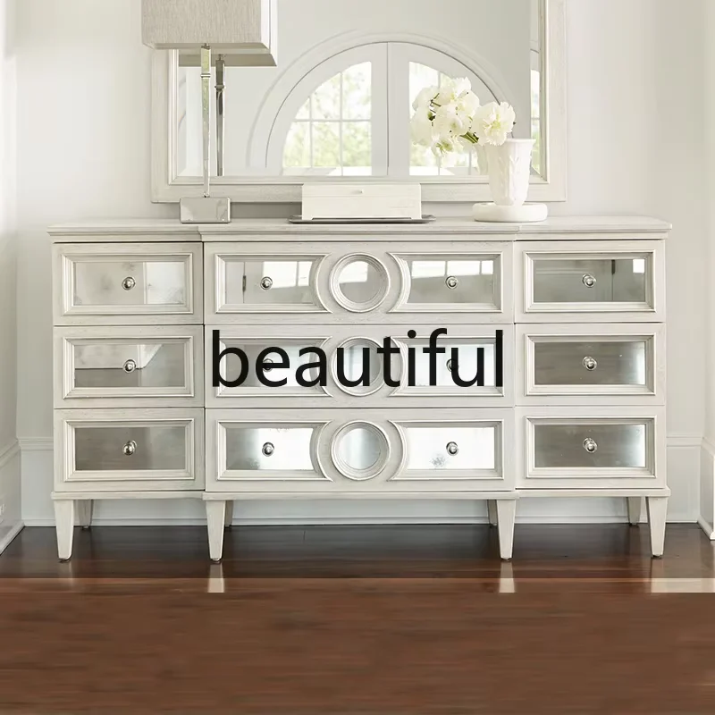 

New American modern simple light luxury entrance table foyer partition white locker antique mirror entrance cabinet