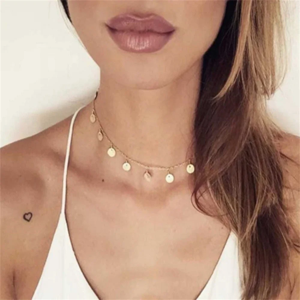 FSUNION 2025 New Gold Color Round Sequins Coins Tassel Choker Necklace for Women Girl Fashion Jewelry Accessories Gifts Colares