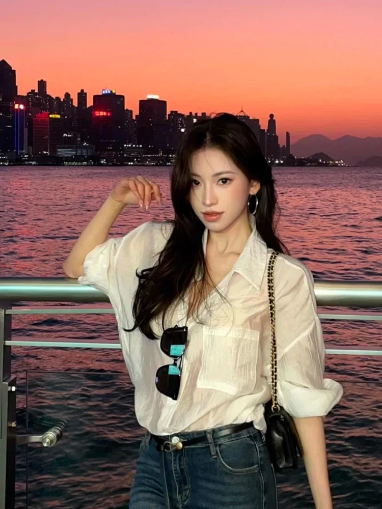 Blusa feminina coreano topos 2025 ropa mujer proteção solar elegante novas blusas turn down collar manga longa mulher chique branco blusas