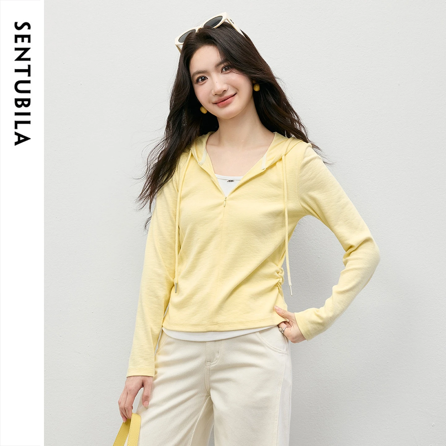 SENTUBILA Women Drawstring Hooded Knitted Sweater 2026 Pullover Color‑Block Fake Two‑piece Cotton Knit Top for Woman W61HD6113