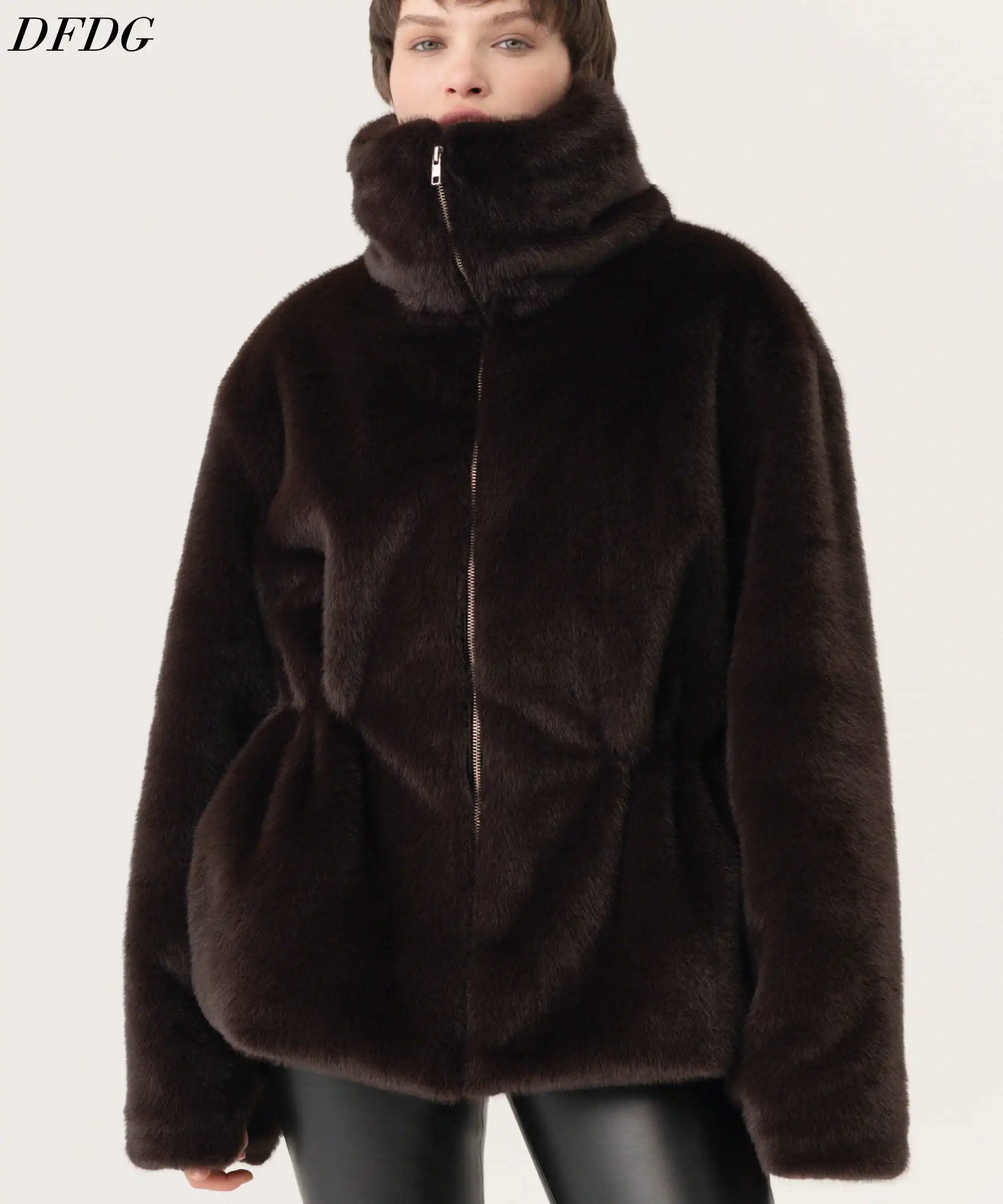 DFDG Women 2026 Faux Mink Fur Coat High Collar Zipper Front Gathered Waist Relaxed Fit Warm Plush Winter Outer Jacket