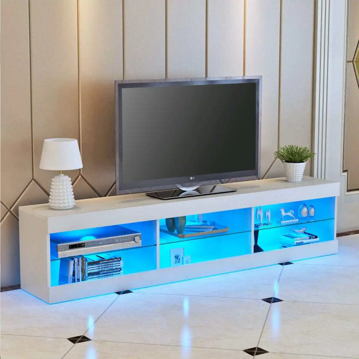 Meuble TV LED RGB de 57 pouces avec 6 tiroirs ouverts, support TV, meuble de salon, livraison aux états-unis