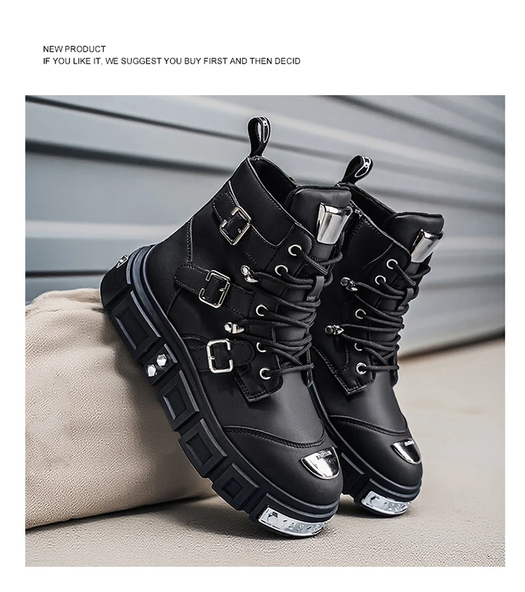Herren-Streetwear-Stiefel in Uni-Farbe, High-Top, mit Metallschnalle, im Punk-Stil, Motorradstiefel – Detail 15