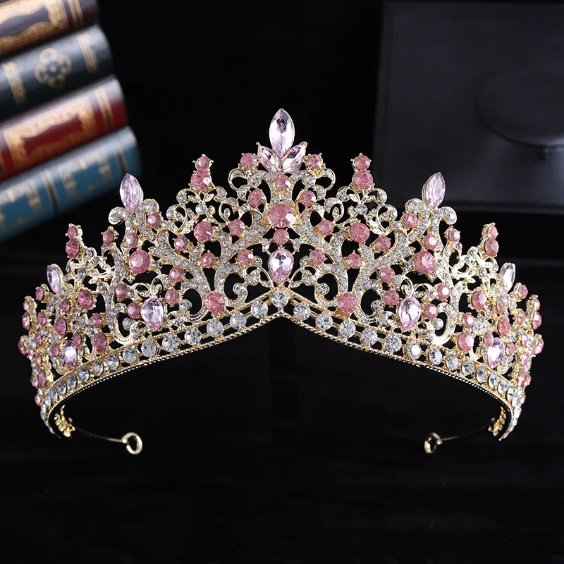 DIEZI Baroque Luxury Water Drop AB Pink Sky Blue Crystal Tiara Crown Women Party Jewelry Sets Bridal Crown Wedding Hair Jewelry