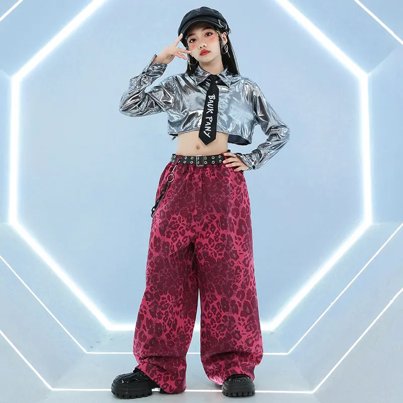 소녀 k-pop 자르기 반짝 이는 재킷 가죽 레오파드 카고 바지 어린이 힙합 스트리트 댄스 반바지 의류 세트 어린이 재즈 streetwear