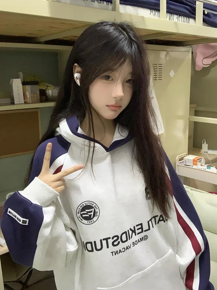 

Loose Oversize Hoodie Women's American High Street Color Block Shoulder Insert Sweatshirt Spring Autumn Couple Jacket