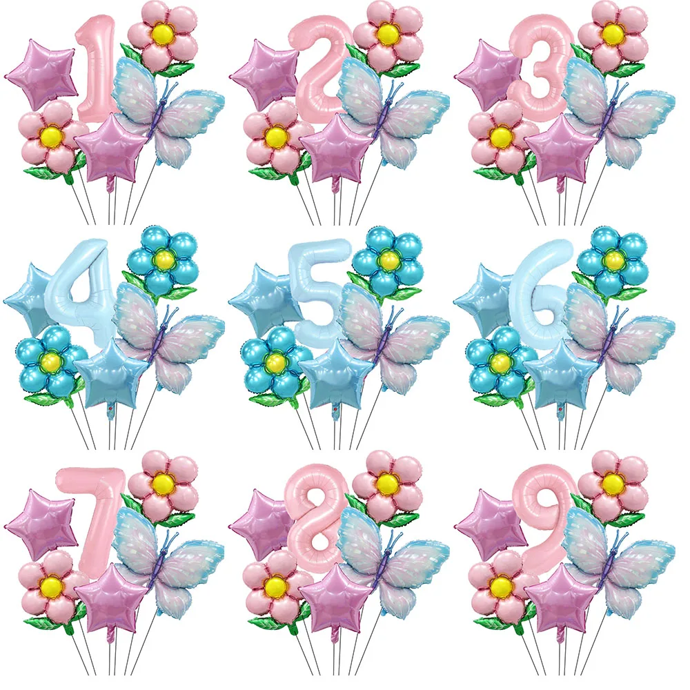 6pcs Butterfly 40inch Number Balloons Set Pink Blue Sunflower Baby Shower Decor Helium Ballon Birthday Party Wedding Supplies