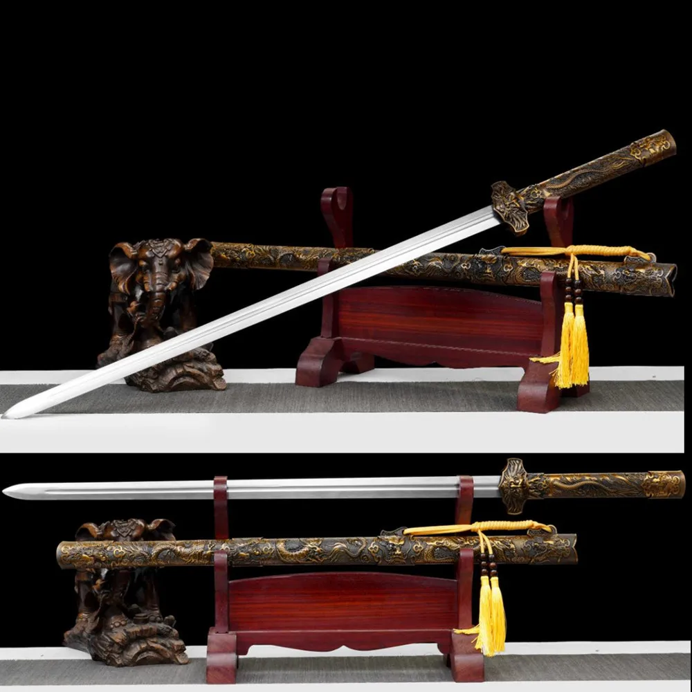 Rare WUSHU Jian Sword Forged High Manganese Steel Blade Carved Alloy Handle Scabbard Lucky