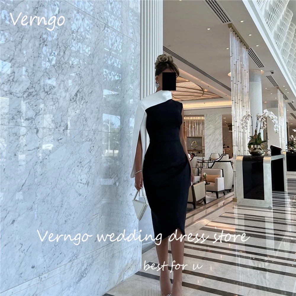 

Verngo Simple White And Black Short Formal Party Dresses Saudi Arabic High Neck Knee Length Evening Gowns Night Event Dress