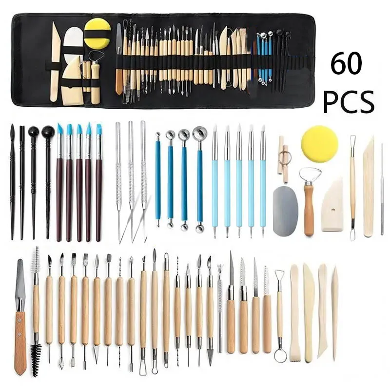 60Pcs/set Clay Pottery Tools for Sculpting Smoothing Carving Ceramic Tools Sculpt Modeling Shaping Supplies Polymer Wood Shapers