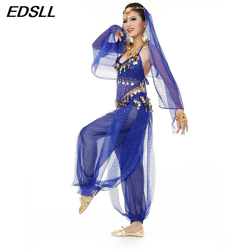 3 pçs feminino senhoras bollywood trajes de dança do ventre dança indiana topo + calças harém + lenço cabeça conjunto traje de halloween cosplay