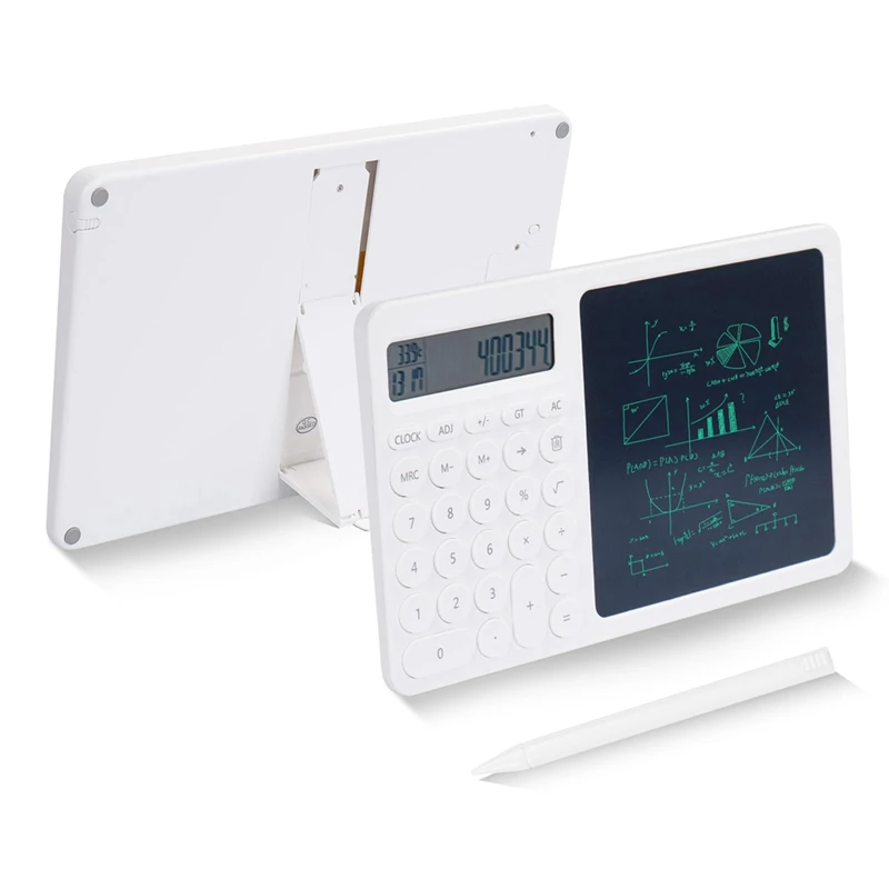 1 Piece Calculator With LCD Writing Tablet With Electronic Calendar Time Temperatures White 2-In-1 Desktop Standing Calculator