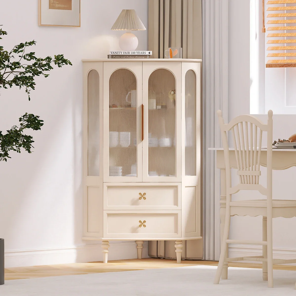 خزانة زاوية فرنسية بسيطة، خزانة مشروبات للتخزين المنزلي، خزانة بحافة الرياح مزدوجة وكريمية #2