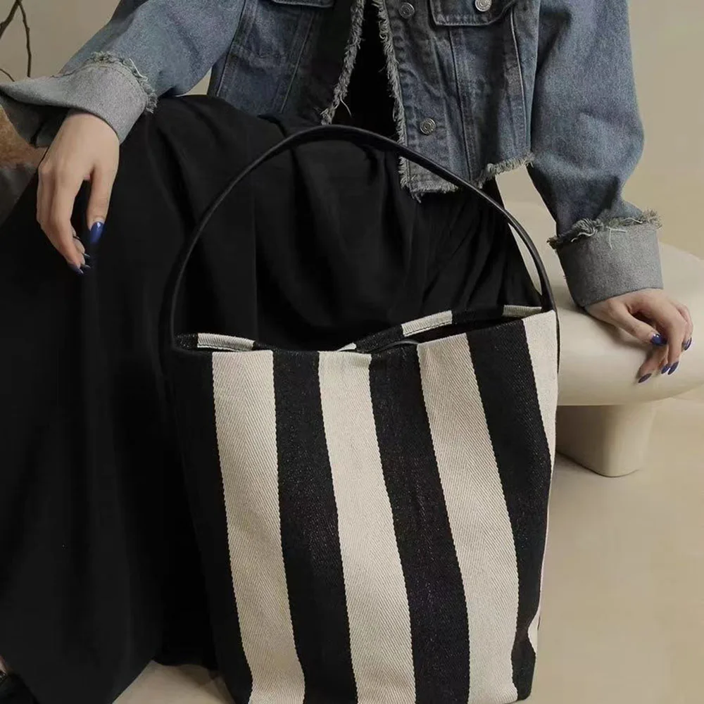 Women Tote Bag Striped Canvas Casual Fashion Simple SOFT Shoulder Bag Purses and Handbags High-Capacity