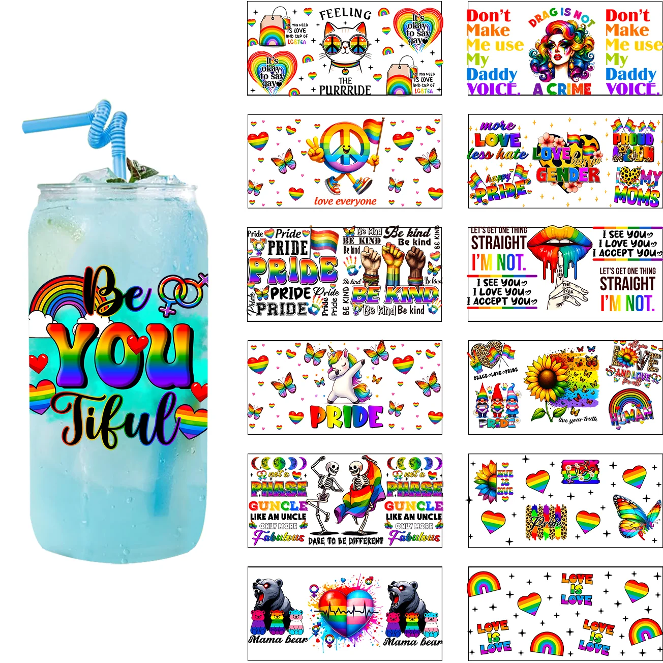 Rainbow Flag Design Uv Dtf Cup Wrap Glass 3DTransfer Stickers Waterproof LGBTQ Pride Wraps Transfer Paper For 16oz Glass Mugs