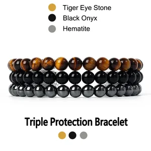 Kirykle conjuntos de pulseiras de pedra natural 3 tamanhos obsidiana hematita olho de tigre pulseiras masculinas para proteção de saúde joias alma 10 principais vendas obsidiana pulseira - №6
