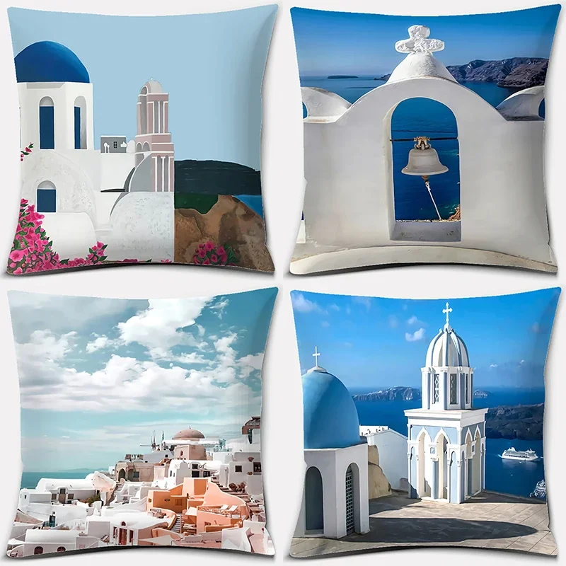 45*45cm Greece Santorini Series Pattern Pillow Square Pillowcase Cushion Cover Home Sofa Textile   Decoration