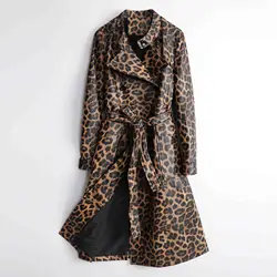 Gabardina de piel auténtica para mujer, abrigo largo de piel de oveja con bolsillos, cinturón con cordones, estampado de leopardo, alta calidad