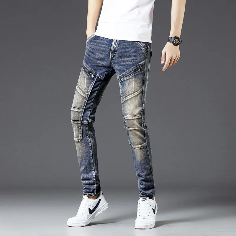 

High-End Men's Vintage Jeans Street Tide Brand Personality Zipper Slim Fit Patchwork Stretch Retro Motorcycle Long Pants