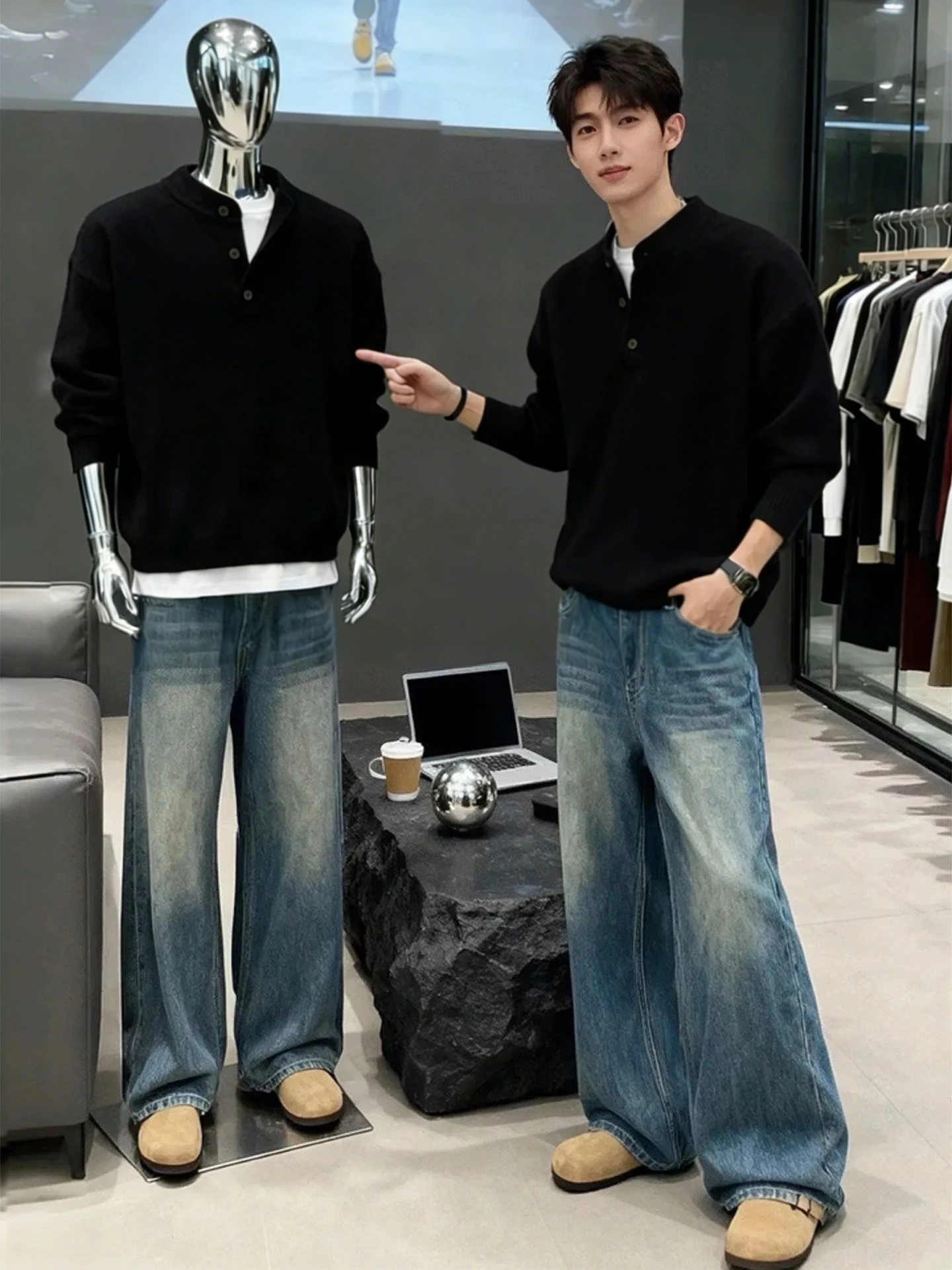 

American Sle Thiened Henry Collar Men's Knitted Sweater Winter Inner Wear Base Layer Casual Comfortable Soft Long Sve