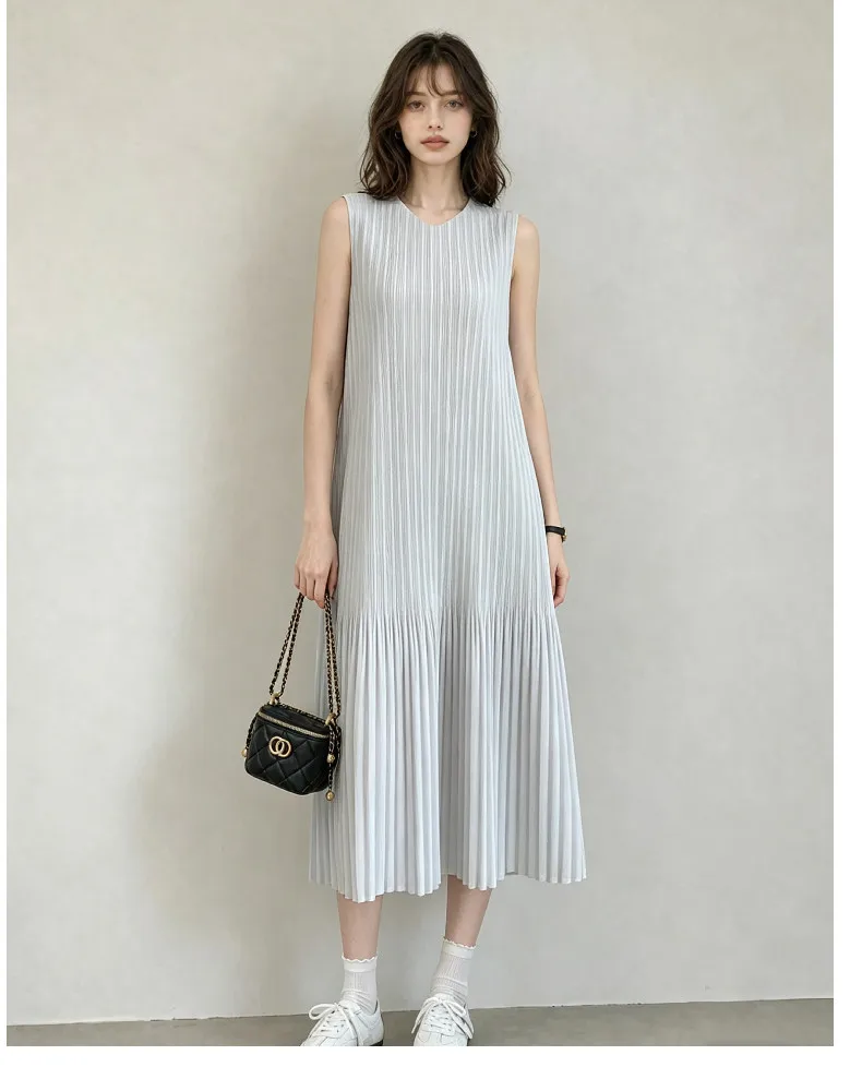 Miyake Plissee-Kleid Damen Ärmelloses Midi-Kleid Strukturiert Locker Sitzend Elegant Lässig Sommer Mode Minimalistischer Stil Schickes Fit – Detail 7