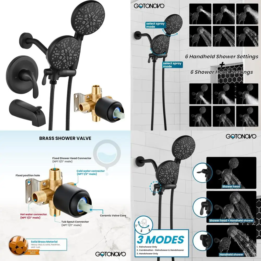 

Dual Shower Head and Handle Set with Wall Mount Tub Spout, 2-in-1 Shower Faucet Set for Bathroom Shower Trim Kit, 3-Way Diverter