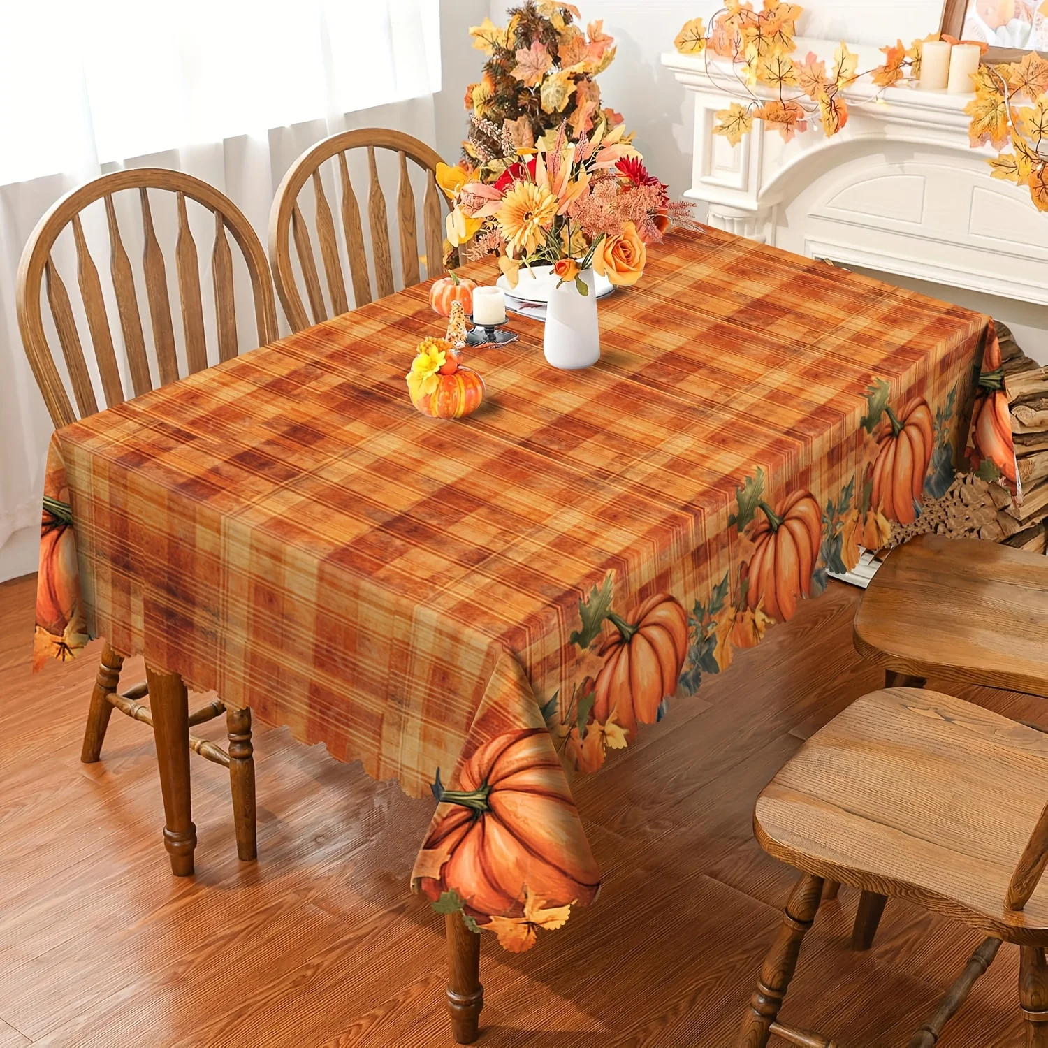1 Stück Thanksgiving-Kürbis-Tischdecke aus Weidengeflecht mit Herbstkaro-Muster - Leuchtende Farben, strapazierfähige rechteckige Tischdecke aus Polyester.