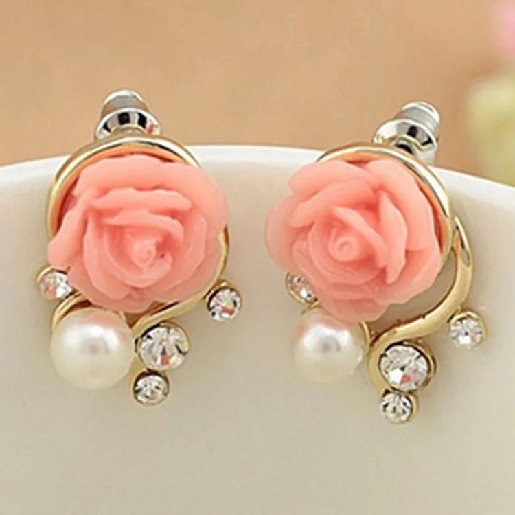 

2224 Korean version of jewelry rose flower pearl studs fashion exaggerated earrings wholesale