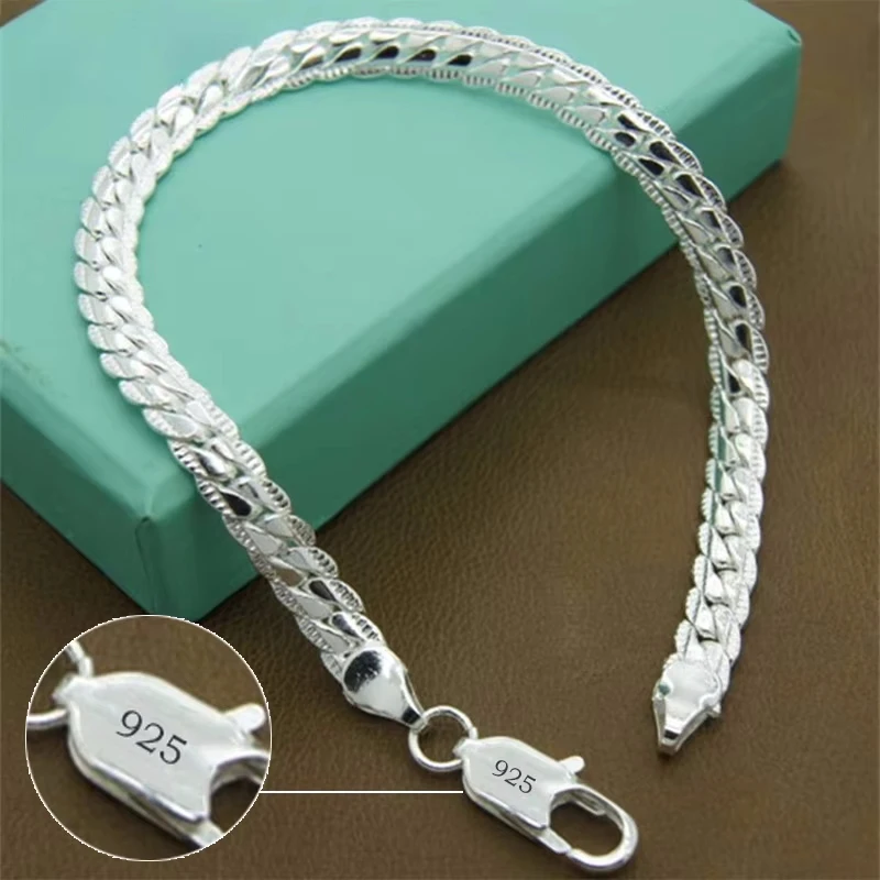 925 Silver Bracelet 5mm 18/19/20cm Flat Side Chain Lobster Clasp For Woman Man Wedding Engagement Jewelry