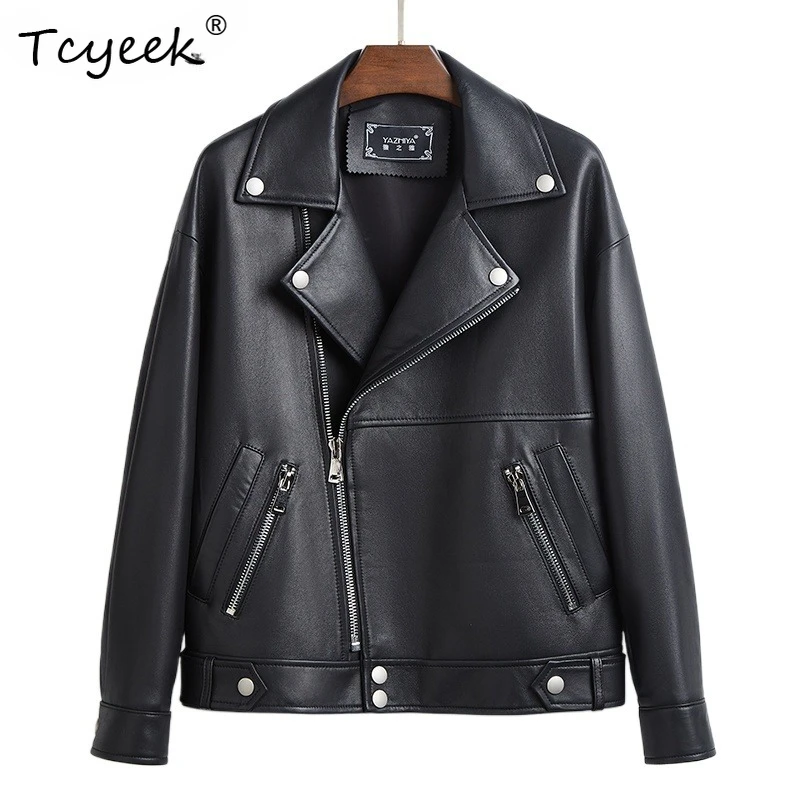 

Tcyeek женская кожаная куртка из овчины, весенне-осенний костюм с воротником и длинными рукавами, короткая черная мотоциклетная куртка Chaqueta Cuero Mujer