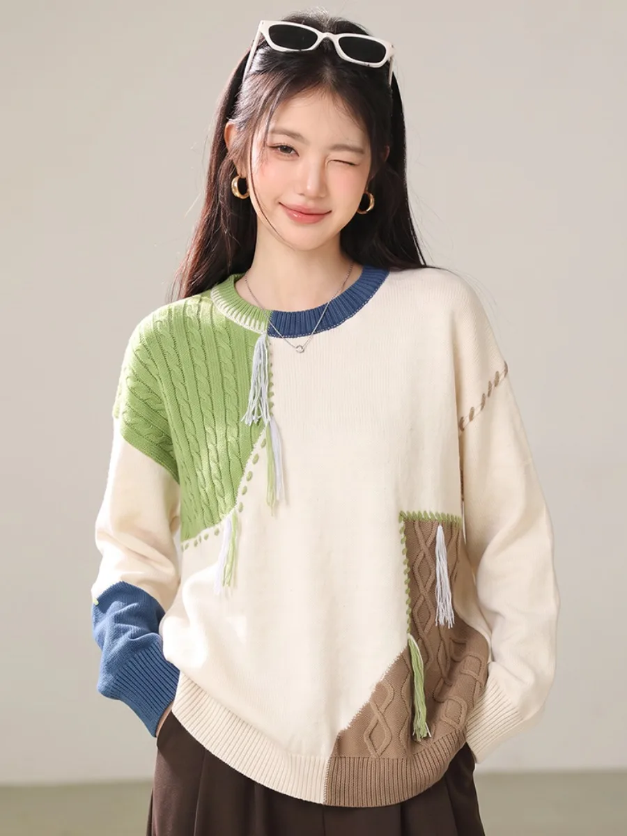 Korean Style Color Block Tassel Knitwear Women's Loose round Neck Casual Versatile Top Autumn New Arrival Elegant Fashion
