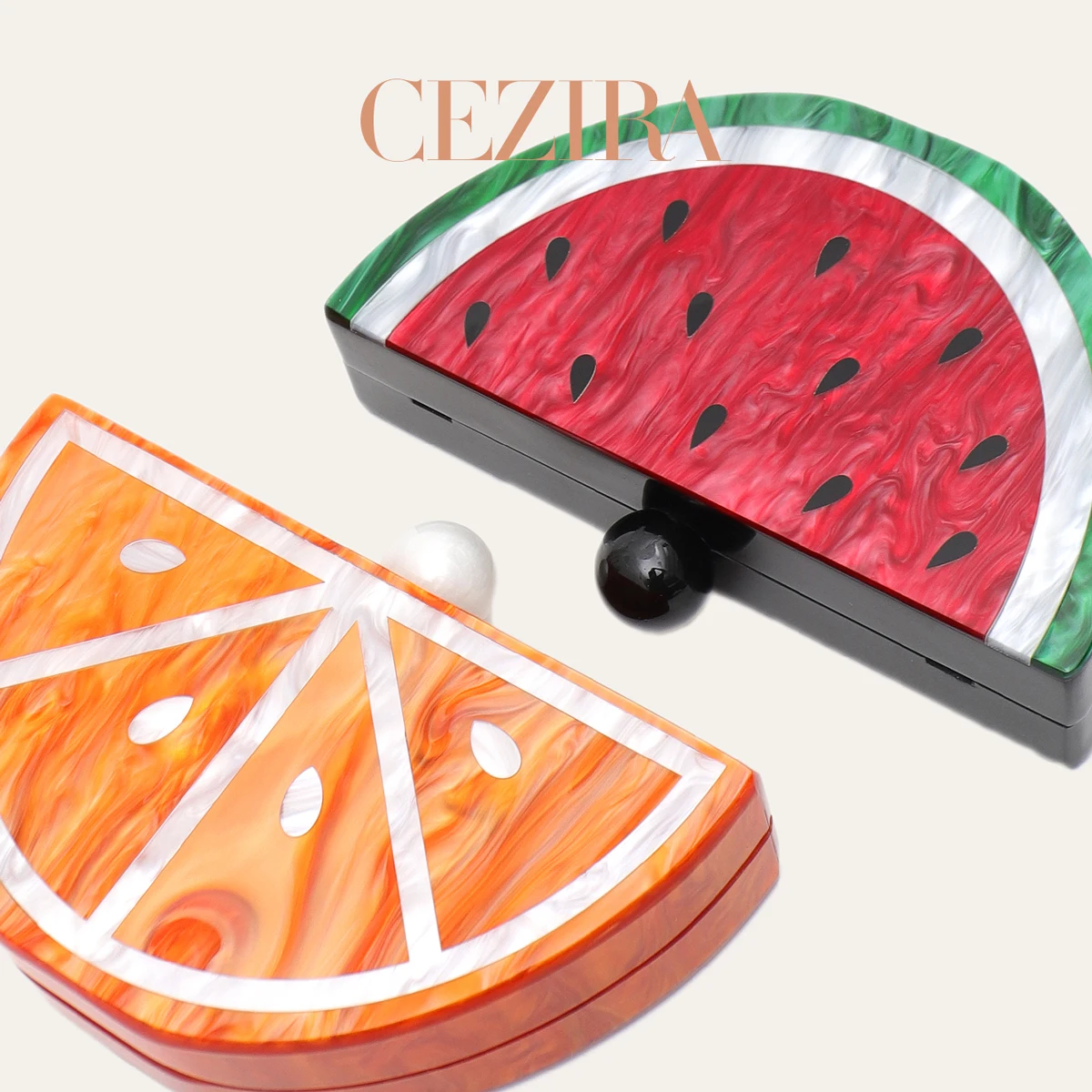 CR Half Round Fruit Pattern Glossy Acrylic Shoulder Bags Women Designer Long Chain Crossbody Clutch For Prom Themed Party Dating