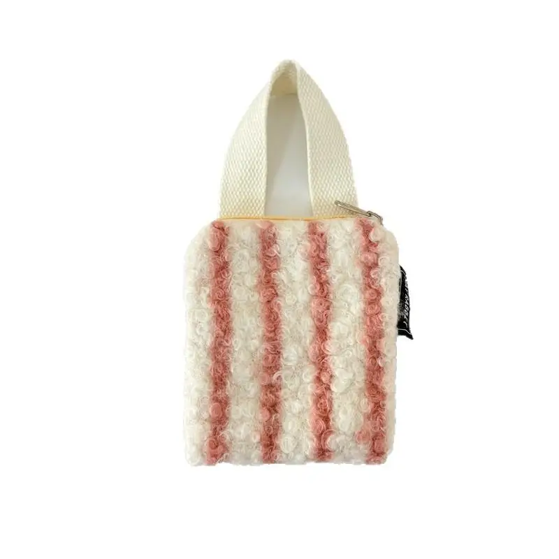 Borsa da polso portatile a righe in peluche stile semplice Portamonete Borsa leggera con cerniera ad alta capacità Borsa per cosmetici per ragazza