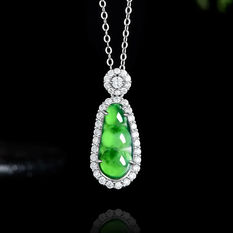 Natural a-grade jade yang feijão verde gelo jadeite pingente s925 prata encantos colar feminino moda jóias navio da gota