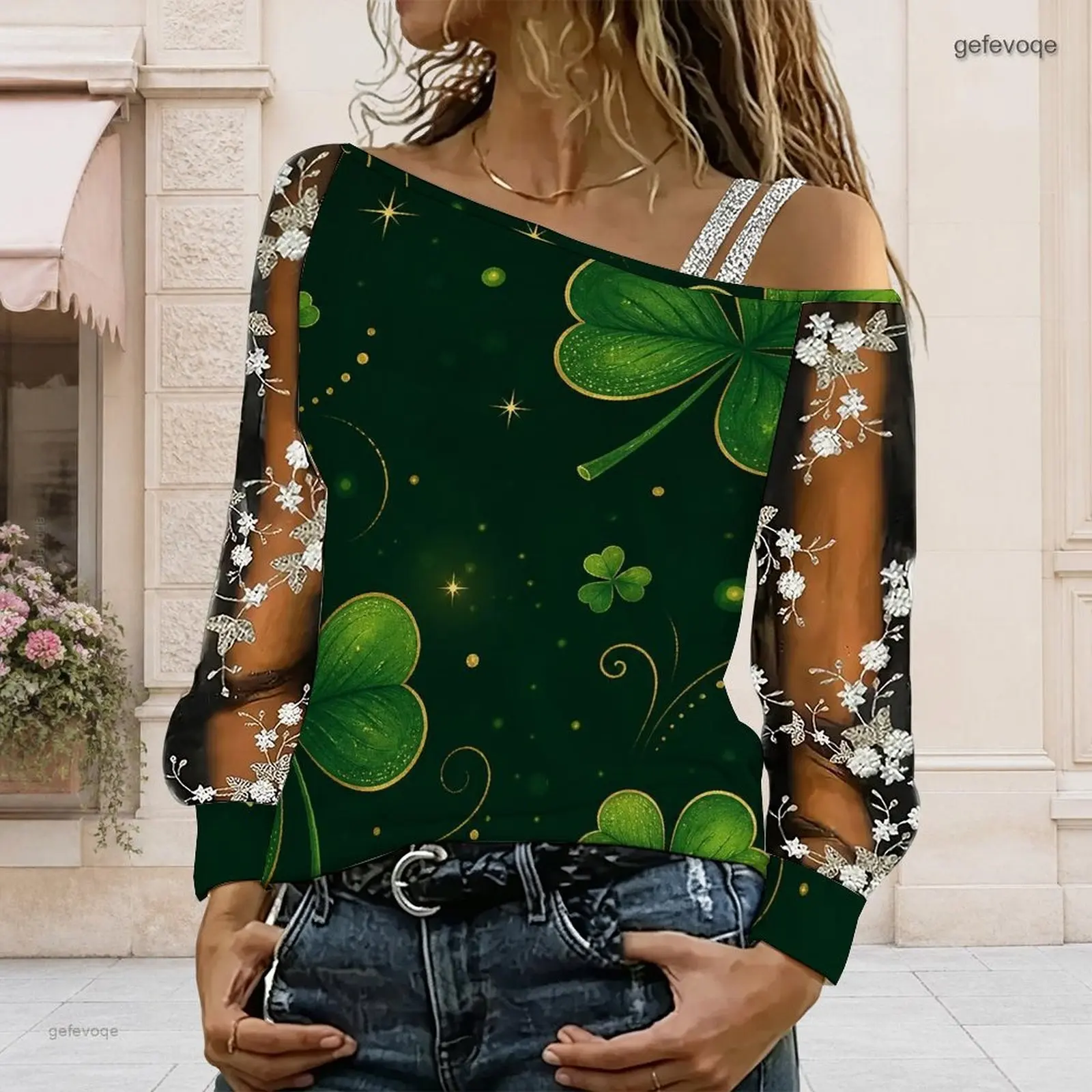 Women Dark Green Shamrock Clover Print Asymmetric Cold Shoulder Long Sheer Floral Sleeve Top