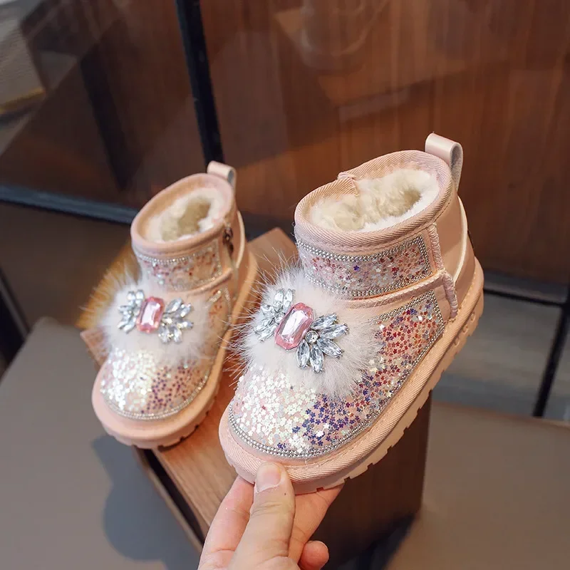 Pink Girls Snow Boots Sequin Kids Plush Shoes for 20243 Winter Casual Shoe Children\'s Warm Shoe Zip Flats Ankle Boot 26-36
