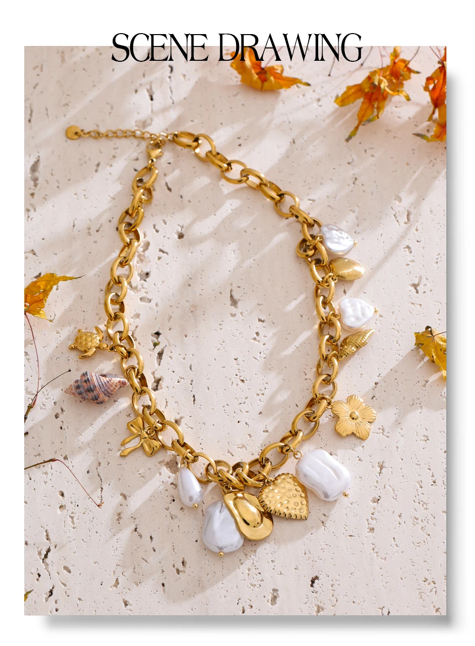 Yhpup Ozean-Stil, simulierte Perlen, Muschel, Schildkröte, Muschel, Herz, Blume, Tropfen-Halskette, 2025, Edelstahl, handgefertigter Schmuck, neu – Detail 14