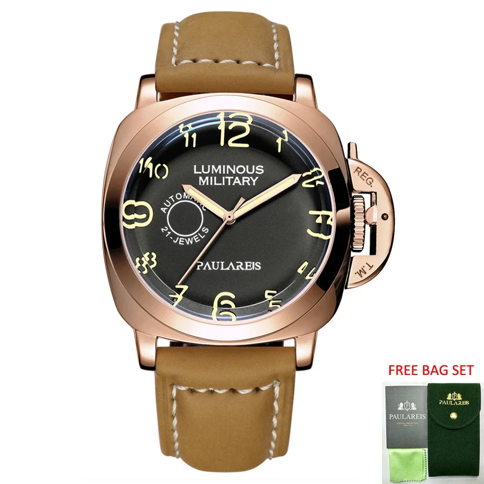 ساعة أوتوماتيكية للرجال حركة ميكانيكية جلد بني أصفر أخضر مضيء فاخر ذهبي وردي عسكري