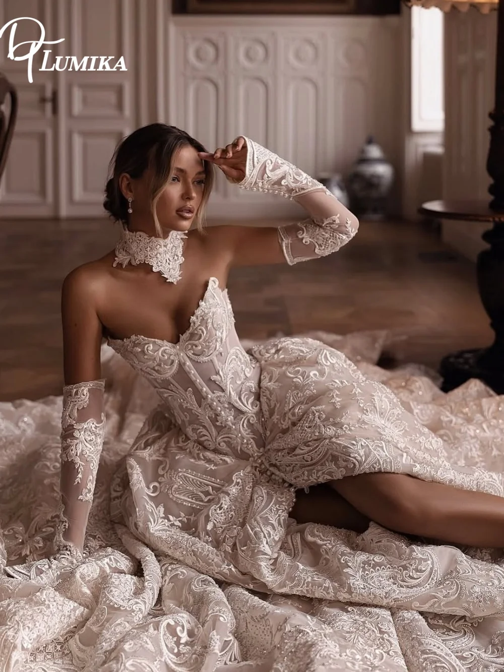 Baroque Strapless Corset Wedding Dress Glamorous Detachable Lace Gloves High Slit Ball Gown Long Train Custom Vestido De Novia